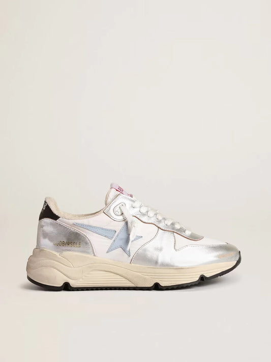 GOLDEN GOOSE - WOMEN'S RUNNING SOLE IN SILVER LAMÉ NYLON AND LEATHER WITH SKY BLUE STAR