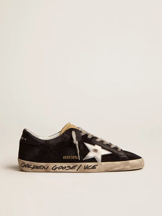 GOLDEN GOOSE - SUPER-STAR MEN IN BLACK SUEDE WITH SILVER LAMÉ LEATHER STAR